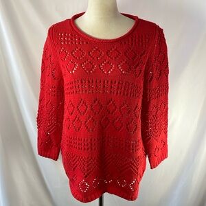 Talbots Orange Red Open Crochet Roll Neck 3/4 Sleeve Sweater Size Large